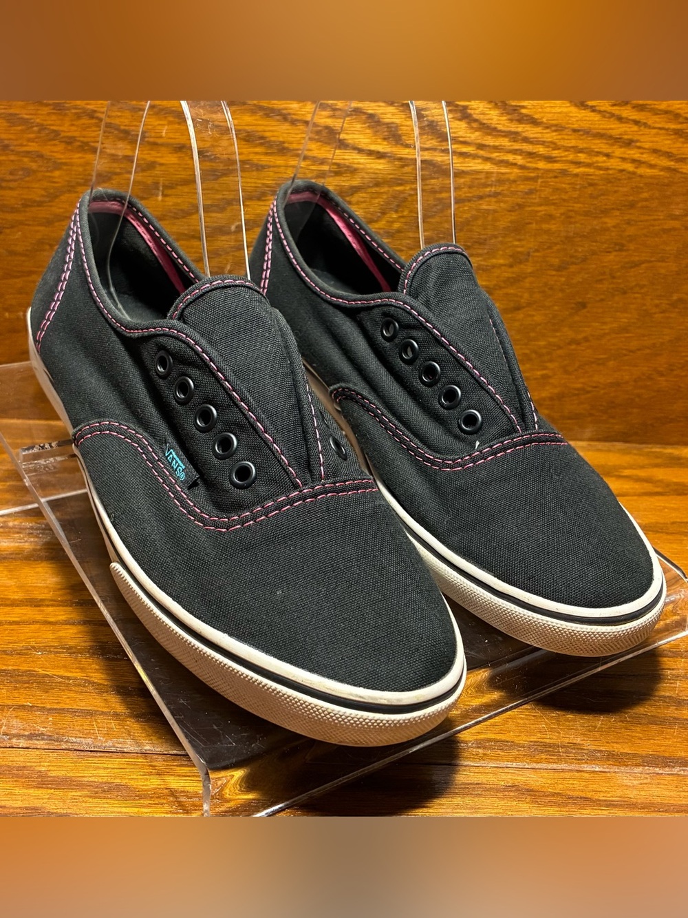RARE Y2K Vans Authentic Low Pro Pink Stitch Black Canvas Sneakers Size W8 / M6.5